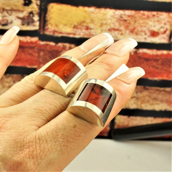 UNIQUE MODERNIST BIG AMBER STERLING DANGLE EARRINGS, GIFT FOR WOMEN - Picture 7 of 11